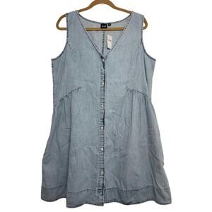Gap V-Neck Denim Mini Dress Washwell Babydoll Sleeveless Button Up Jean New Sz L
